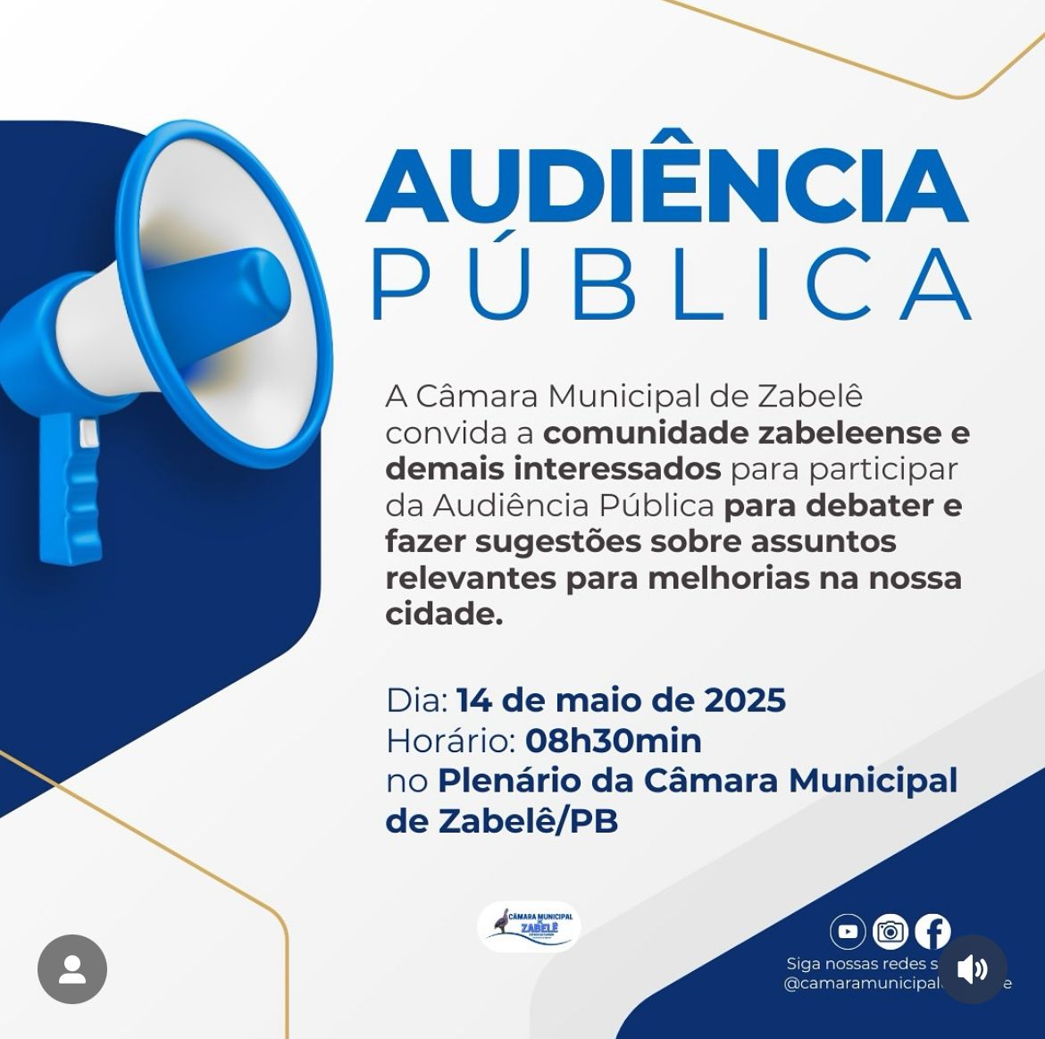 Câmara municipal de Zabelê realizará audiência pública no dia 14 de maio